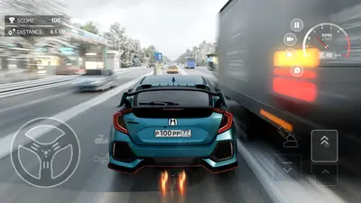 A blue hatchback squeezing past a truck in a close highway overtake in Traffic Racer Open World A blue hatchback squeezing past a truck in a close highway overtake in Traffic Racer Open World