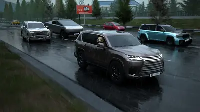 SUVs driving through heavy rain on a tree-lined highway in Traffic Racer Open World SUVs driving through heavy rain on a tree-lined highway in Traffic Racer Open World